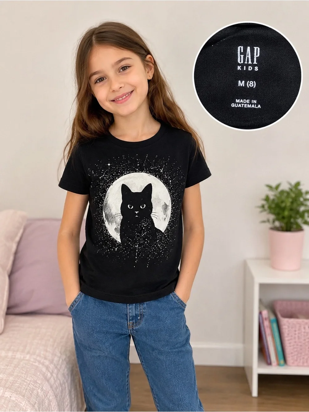 GAP Kids Black Cat Moon Graphic T-Shirt 100% Cotton Size M (8)